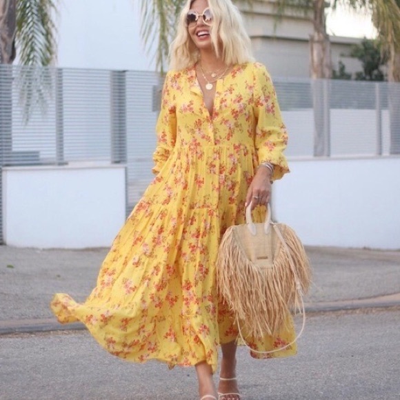 Zara | Dresses | Zara Bloggers Favorite Yellow Floral Tiered Midi Dress |  Poshmark